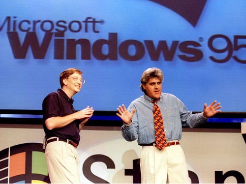 bill gates and jay leno at the lanch of windows 95